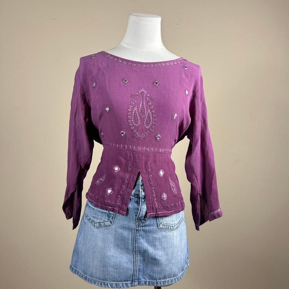 Aman Purple Whimsigoth Boho Sequin Tie Top